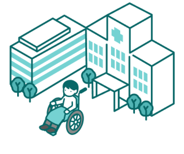 病院と車椅子に乗る人のイラスト